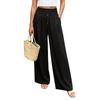 Women's High Waist Wide Leg Pants Linen Blend Elastic Waistband Casual Button Closure Loose Fit Trousers