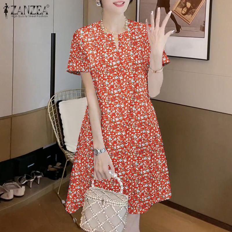 ZANZEA Women V-Neck Summer Casual Short Sleeve Floral Dress