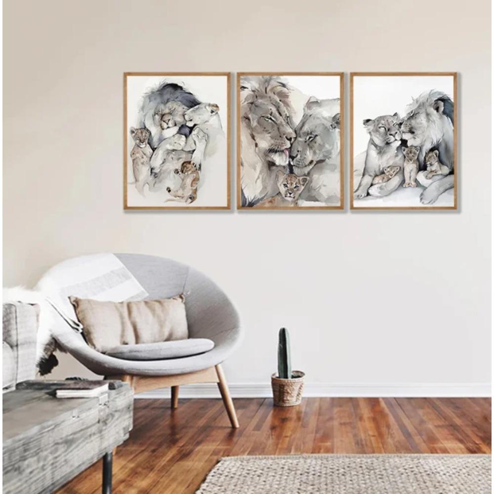 Modern Animal Wall Art Poster Loving Lion Family Canvas Painting Print for Living Room Picture Home Wall Decoration Cuadros