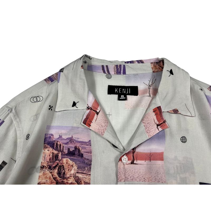 European and American Single Men Summer Rayon Shirt American Casual Loose Thin Cuban Collar Vintage Print Short Sleeves Shirt