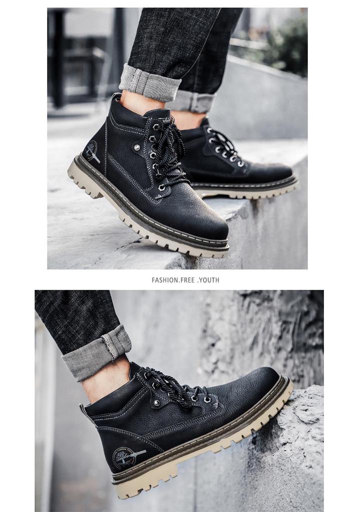 Men's Fleece-Lined Martin Boots, High-Top Leather Work Boots, Non-Slip, British Casual, Wear-Resistant, Large Sizes Available