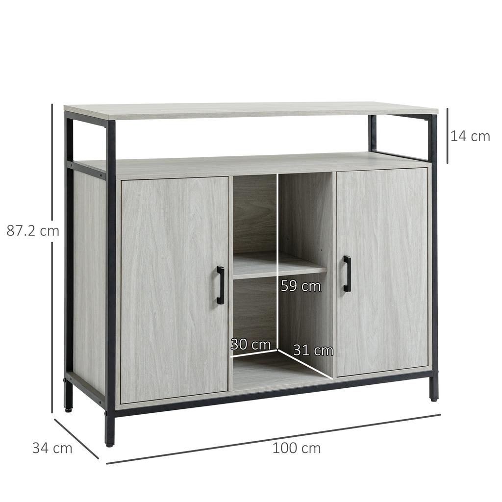 Modernes Holz-Sideboard mit 2 Schränken und Regalen, Küchen- und Eingangsschrank Hellgrau, 100x34x87.2cm