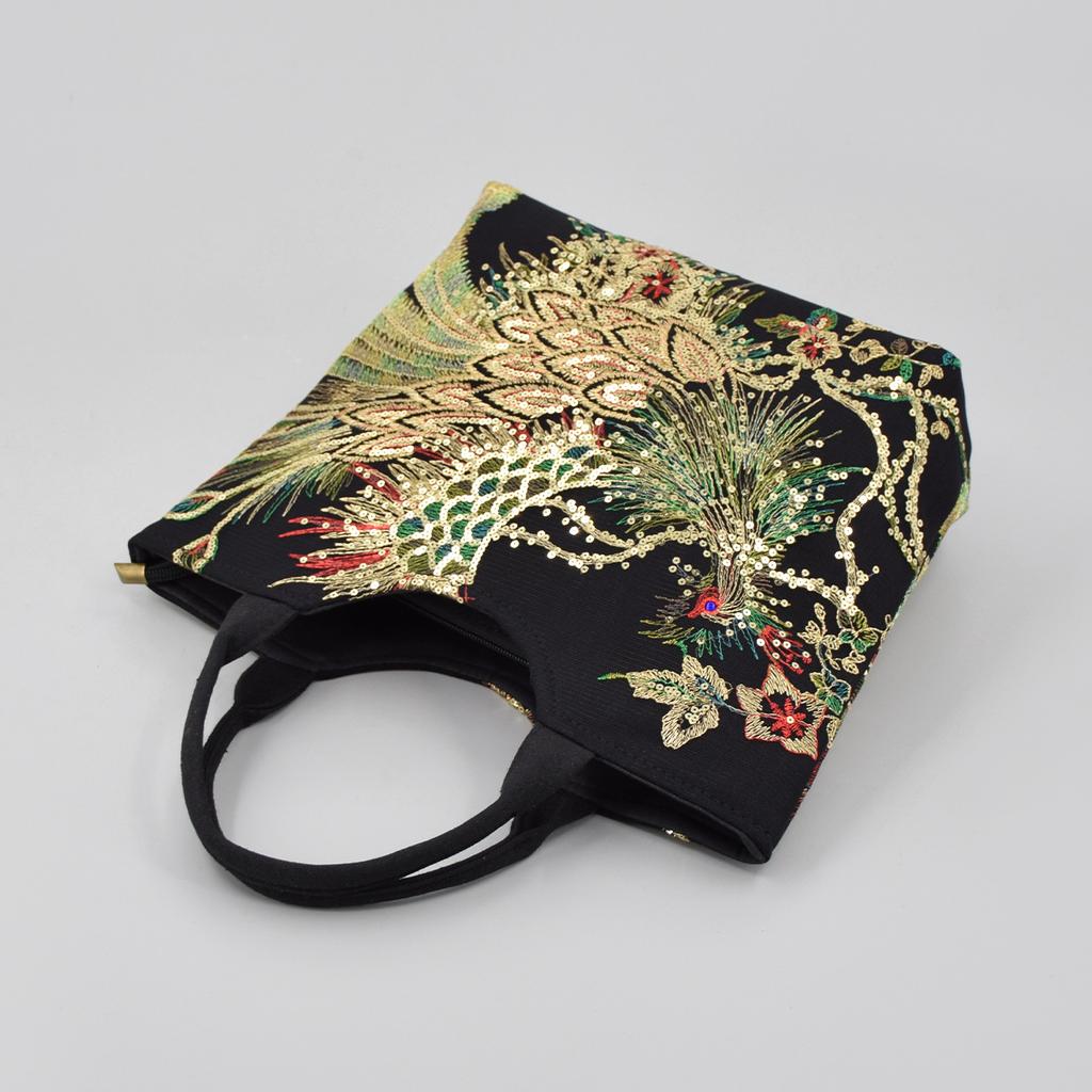 Women Bag Handmade Shiny Peacock Embroidered Bohemia Handbag Retro Large Capacity Canvas Tote Shopping Messenger Purse
