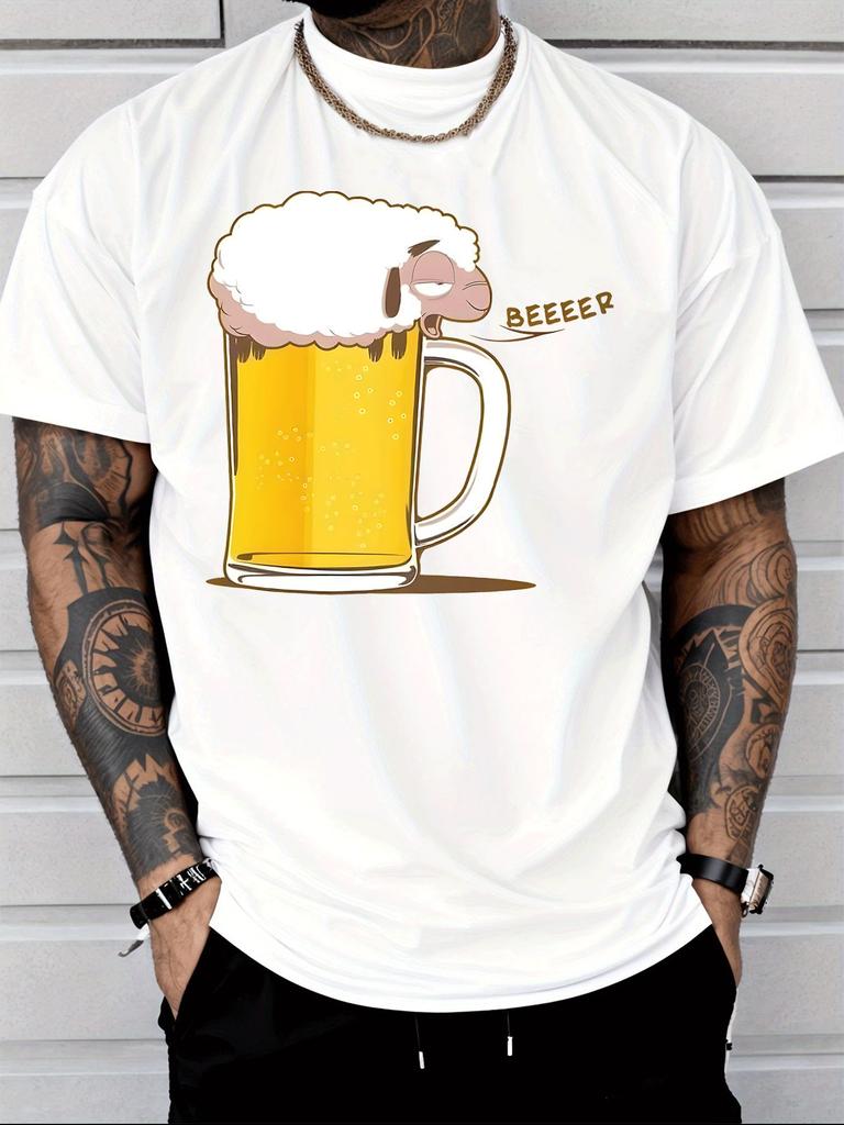 Unisexs Summer Crew Neck Short Sleeve T Shirt Funny Sheep Beer Mug Beeeeer Print White Tee Casual Party Daily Loose Fashion Top