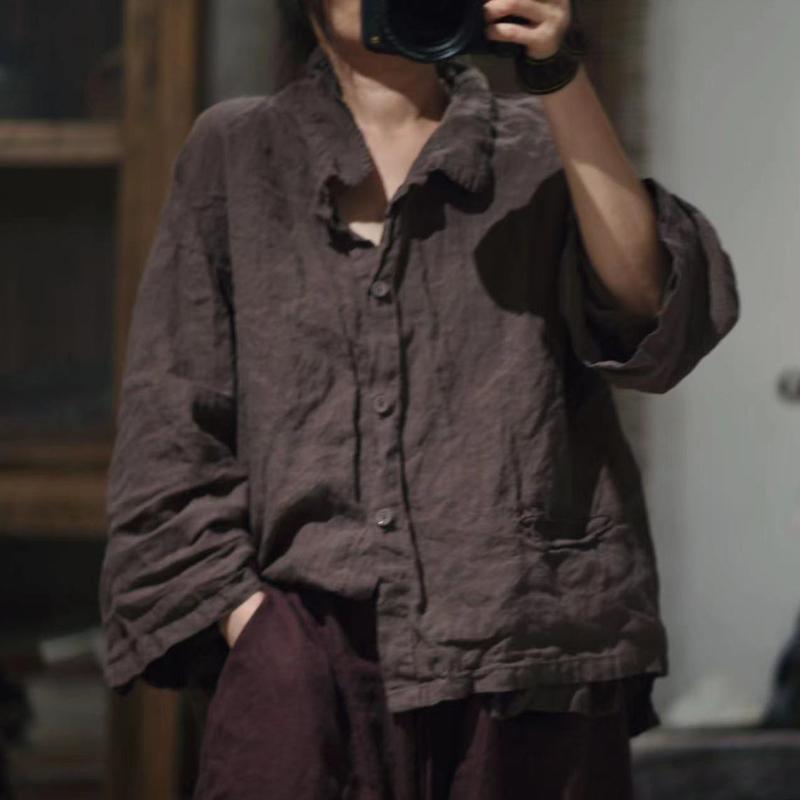 Johnature Linen Vintage Print Turn-down Collar Women Shirts Full Sleeve Spring Loose Retro Casual Loose Tops