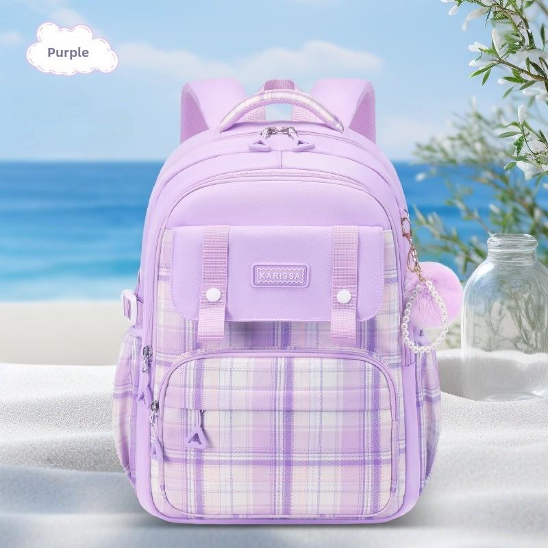 Cute Plaid School Backpack for Girls Primary Middle School Bags Lightweight Waterproof Backpack Large-Capacity Student Backpack