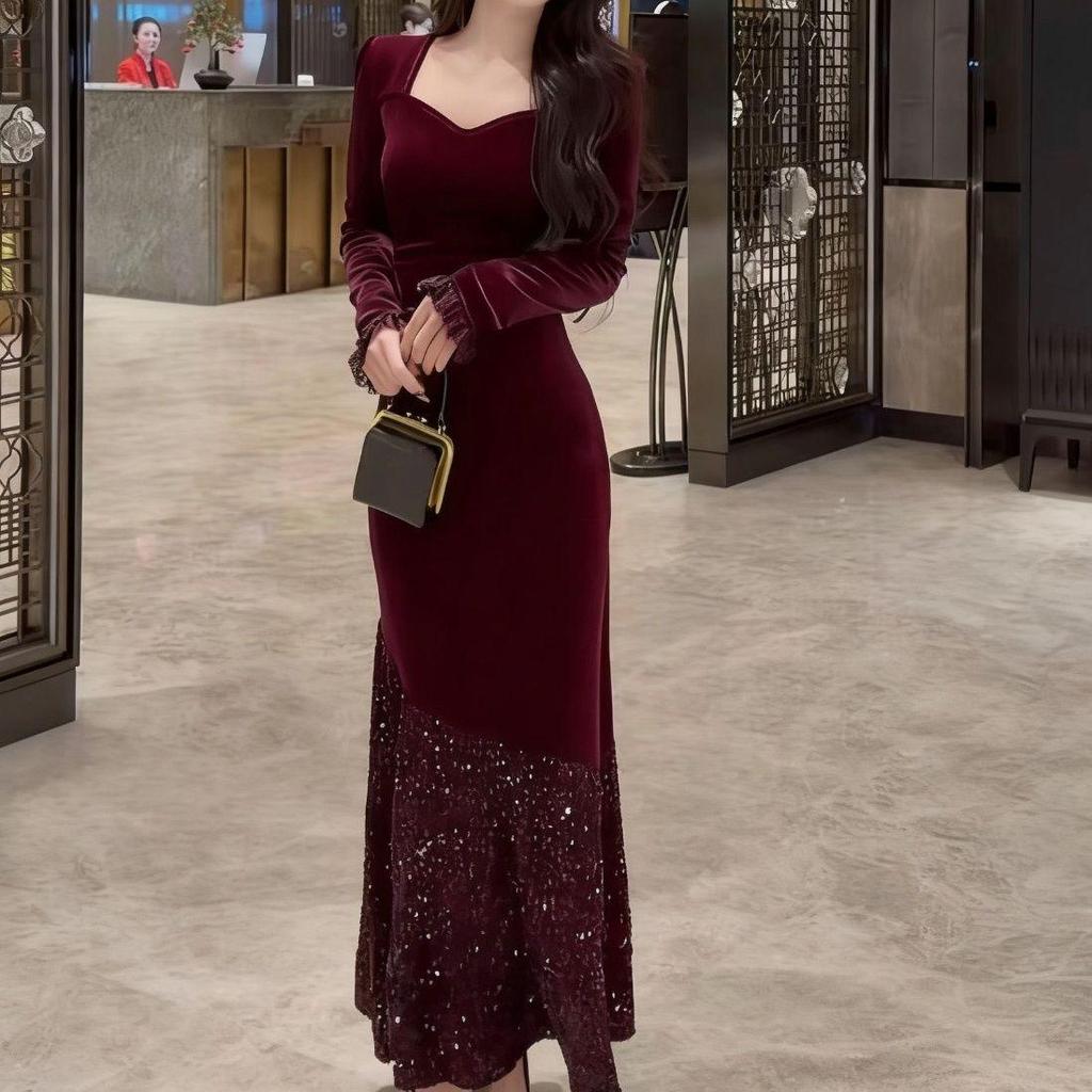 High-End Velvet Sequin Slimming Square Neck Dress