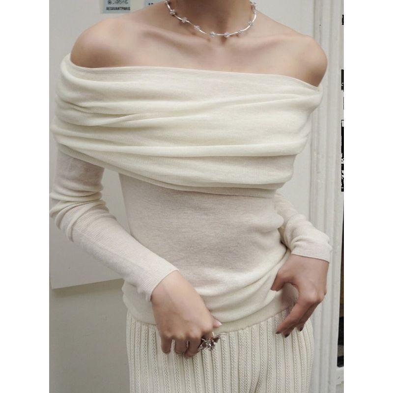off-Shoulder Pure Color Knitwear Long Sleeves off-Shoulder Swaying Thin Silm Low Classic Ruched Sweater