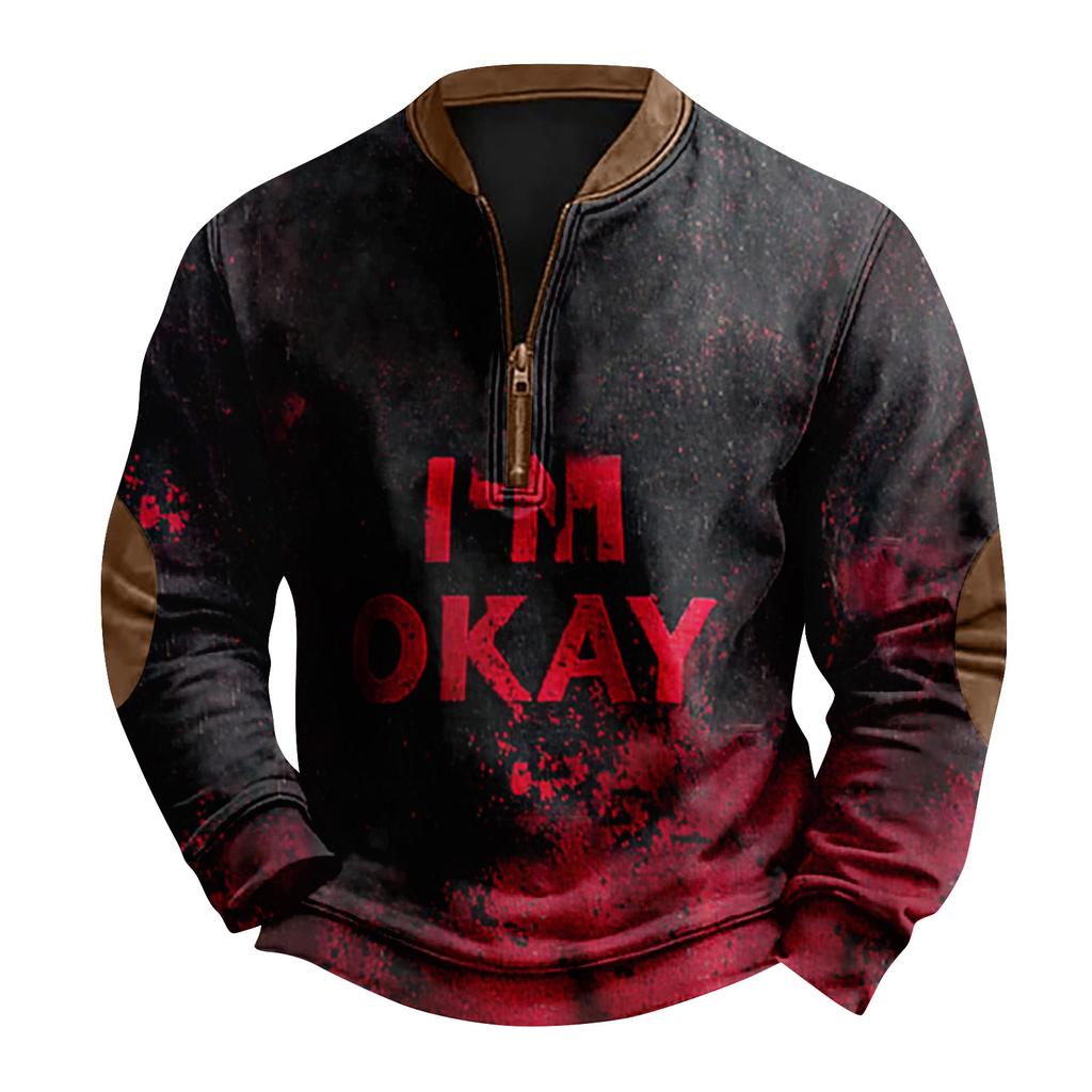 Men's Casual Fashion Christmas Printed Hoodless Sweatshirt Wide Men's Loose Button Stand Collar Hooded Sweatshirt