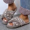 Fashion Pearls Detor Plush Slippers for Women Fashion Cross Strap House Furry Slippers Woman Slip On Faux Fur Cotton Slides Mujer