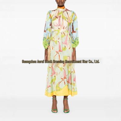 Spring Abstract Artist High Collar Lantern Sleeve Dress for Women
