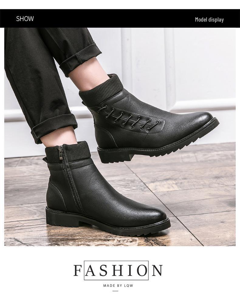 Men's Cross Martin High Top Black Leather Boots - Fashionable Round Toe Business Casual Footwear for 2025.