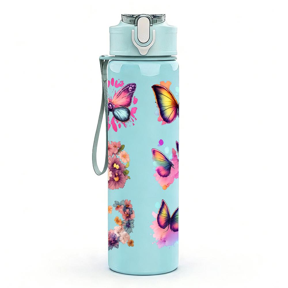 1PC Multi Color Butterfly Collage Graphic,750ml Color Plastic Sports Water Bottle,Leakproof Flip Straw Lid,Suitable for Sports Office Home Use