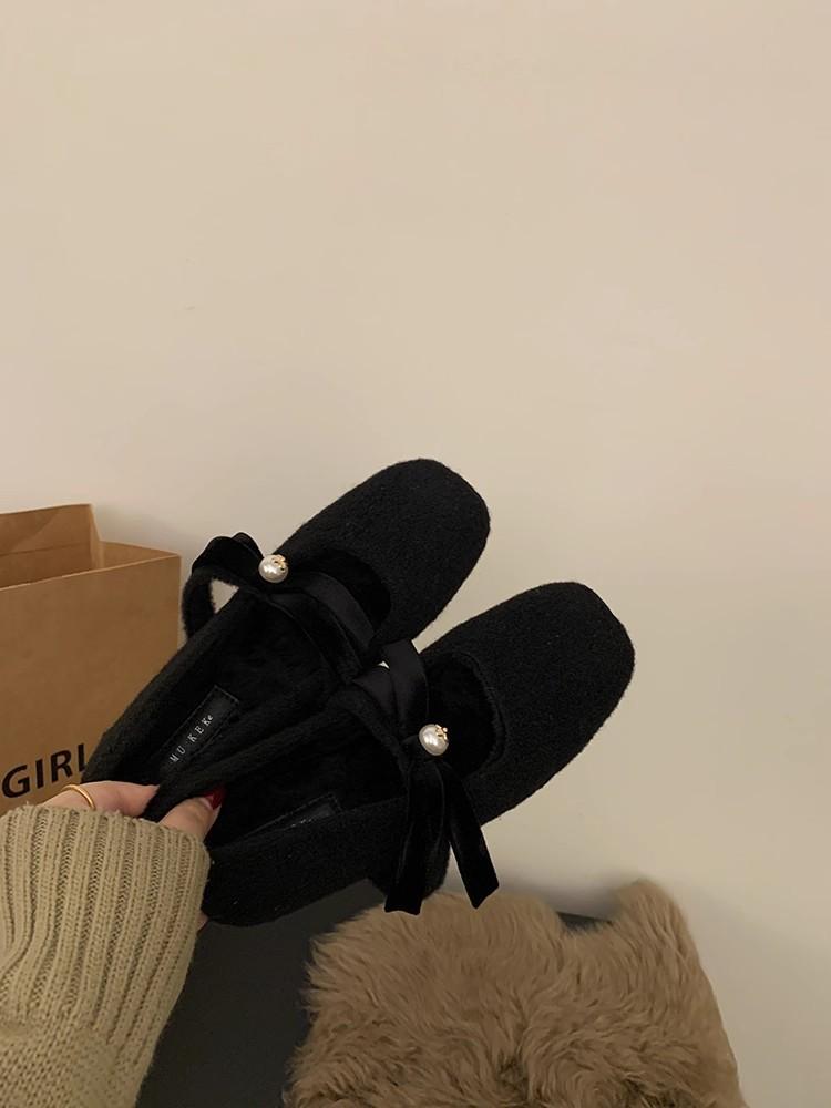 Inner Height Increase Pink Mary Jane Fluffy Shoes Women's Shoes 2025 Autumn and Winter Warm Cotton Shoes Bow Pearl Cotton Shoes
