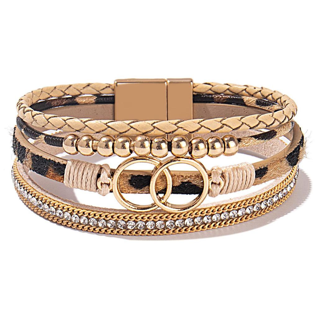 Damen Handgefertigtes Geflochtenes Lederarmband mit Doppelring Magnetverschluss und Strasssteinen