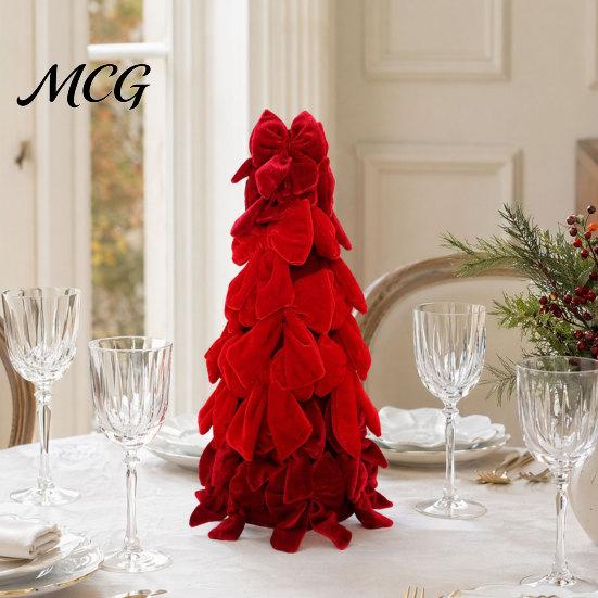 Dining Table Christmas Centerpiece Velvet Bow Tree Decoration, Shaped Photo-ready Decor Tabletop Ornament for Fireplace Window Holiday Stacked