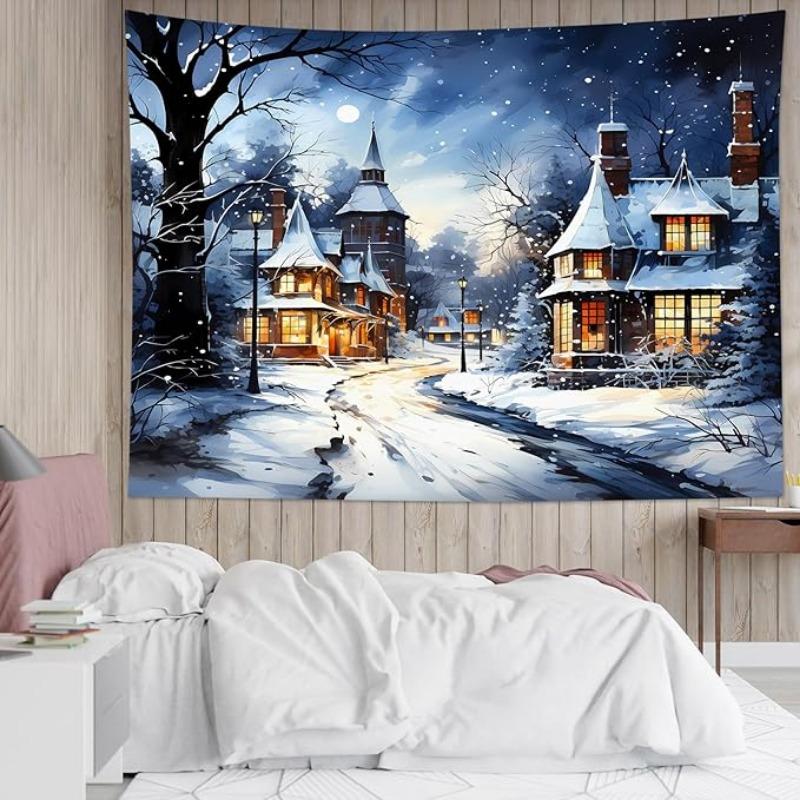 

Зимняя деревня Гобелен Идеально подходит для Уютного Праздничного Волшебного Декора Дома со Снежным Шармом и Праздничным Духом 74x94cm(29x37in)