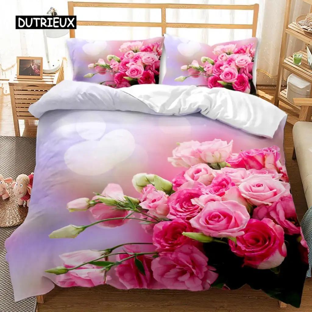 Rose Luxurious Pink Rose Pattern Bedding Set with Microfiber Material for Girls and Women