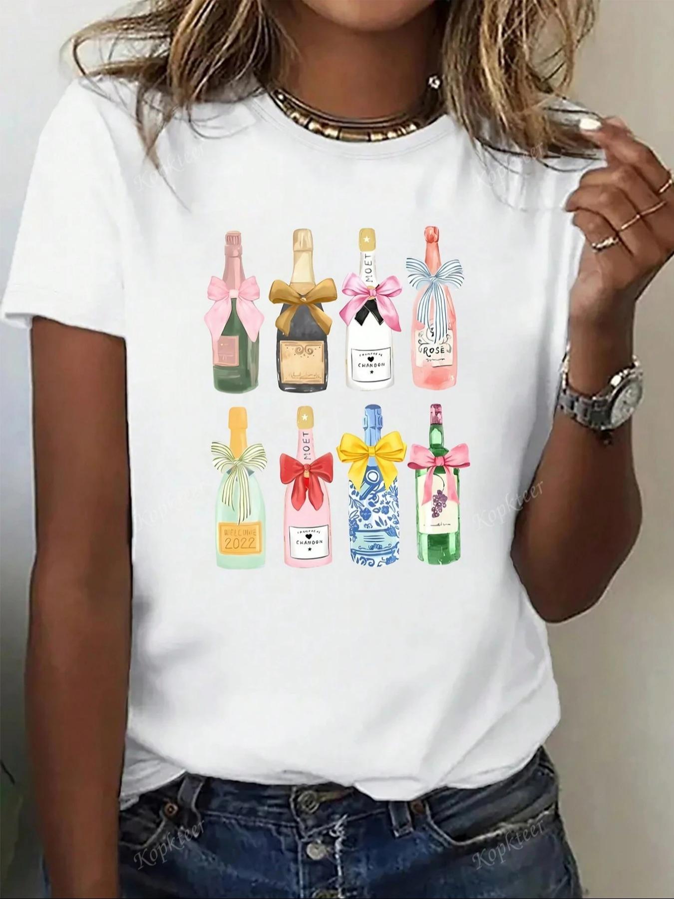 

Womens Cartoon Glass Letter Print Short Sleeve TShirt Casual Round Neck Graphic Tee Comfortable Loose Tops for All Seasons S