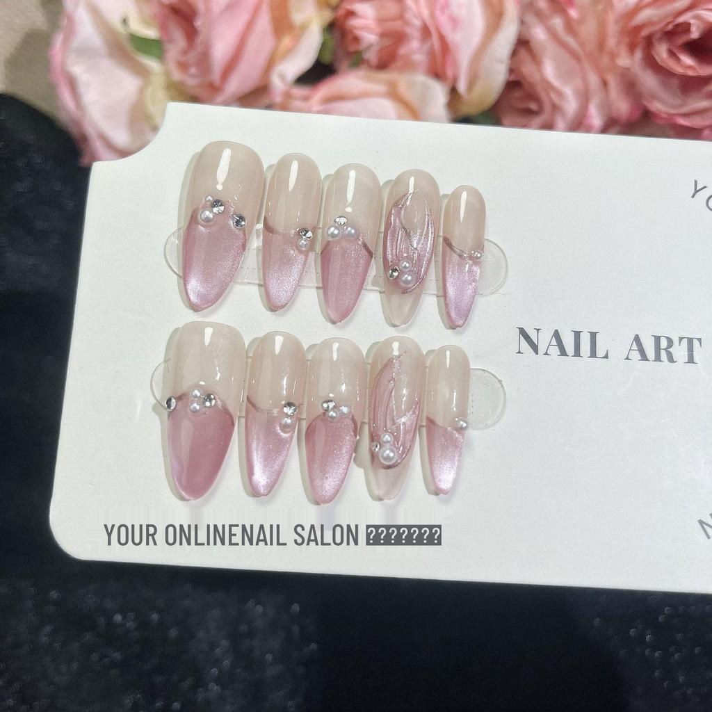 Handmade Pink Gel Press-On Nails - Long, Skinny Cat Eye Design