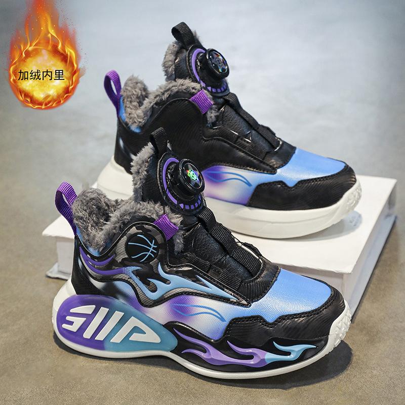 Children's basketball shoes Boys' shoes 2025 winter new sports shoes fleece warm large cotton shoes non-slip running shoes