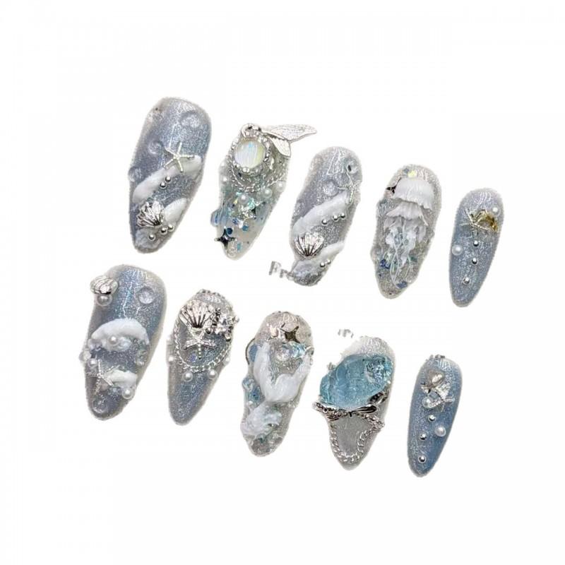 Handmade Mermaid Tail Press-On Nails Short Almond Shape Blue Ocean Design Women Girls