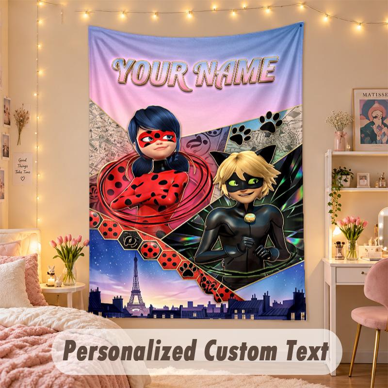Custom Personalized Tapestry,Miraculous Ladybug Print Custom Name Text Wall Art Hanging for Bedroom