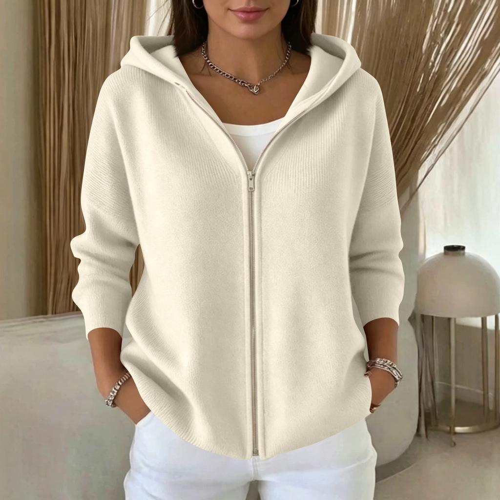 Women's Color Long Sleeve Hooded Zip Up Cardigan Sweater for Casual Daily Wear