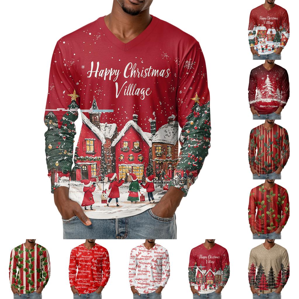 Men's Fashion Printed V-Neck Casual Long-Sleeved T-Shirt Bottoming Shirt Top