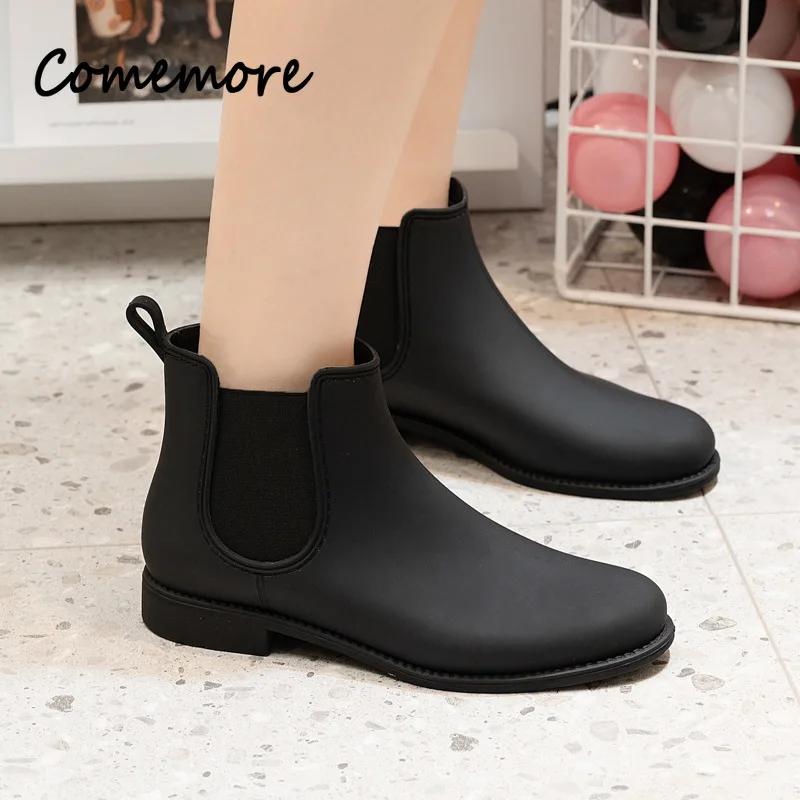 Comemore Regenstiefel Wasserdicht Runde Zehenpartie Gummizug Niedriger Absatz Mode Rutschfest Damen Gummischuhe Damen Chelsea Stiefeletten 41