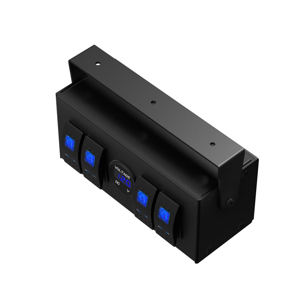 4 Gang ON OFF Rocker Switch Panel Controller Box w/ Voltmeter For Boat RV Truck