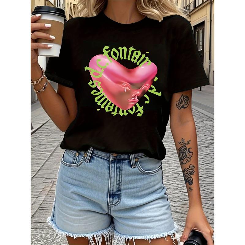 

European sizes Fontain Essences Artistry Letter Print T-shirt, Short Sleeve Crew Neck Casual Top for Summer & Spring, Women s Clothing 4XL