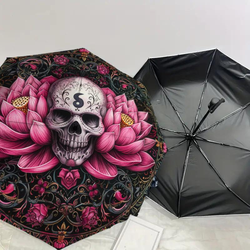 1pc Lotus Skull Mandala Design Umbrella with Plastic Handle,Suitable for All Seasons Home Travel Outdoor UmbrellaDD584