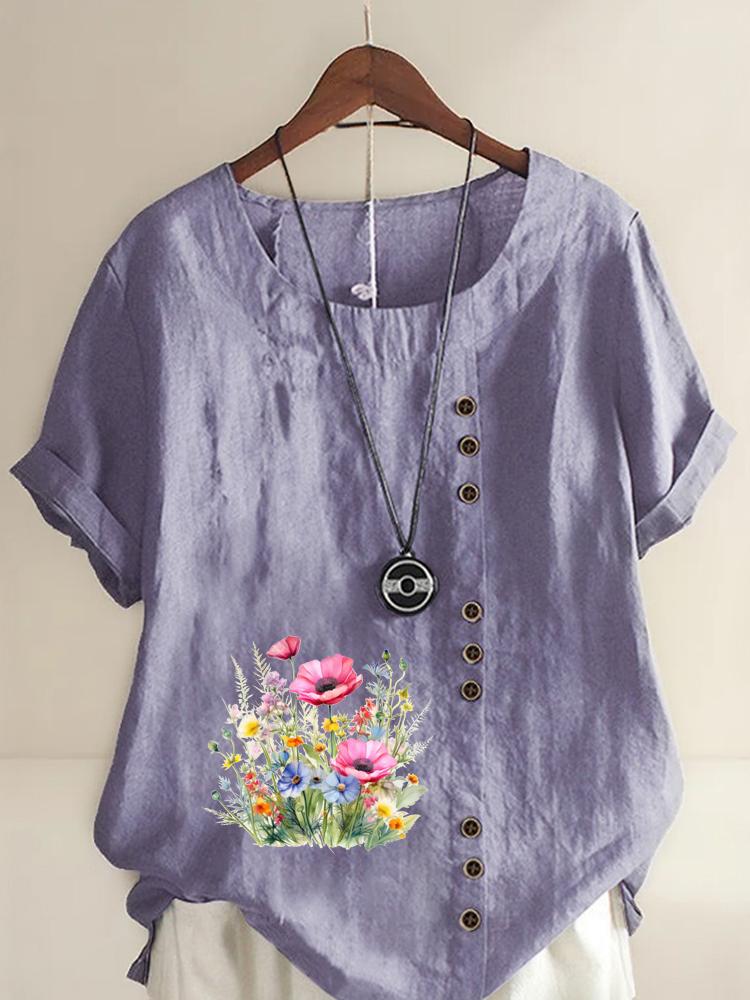 Women's Fashion Flower Bed Printing Round Neck Short Sleeve T-shirt Casual Cotton Linen Graphic Shirt Leisure Loose Summer Blouse Tops