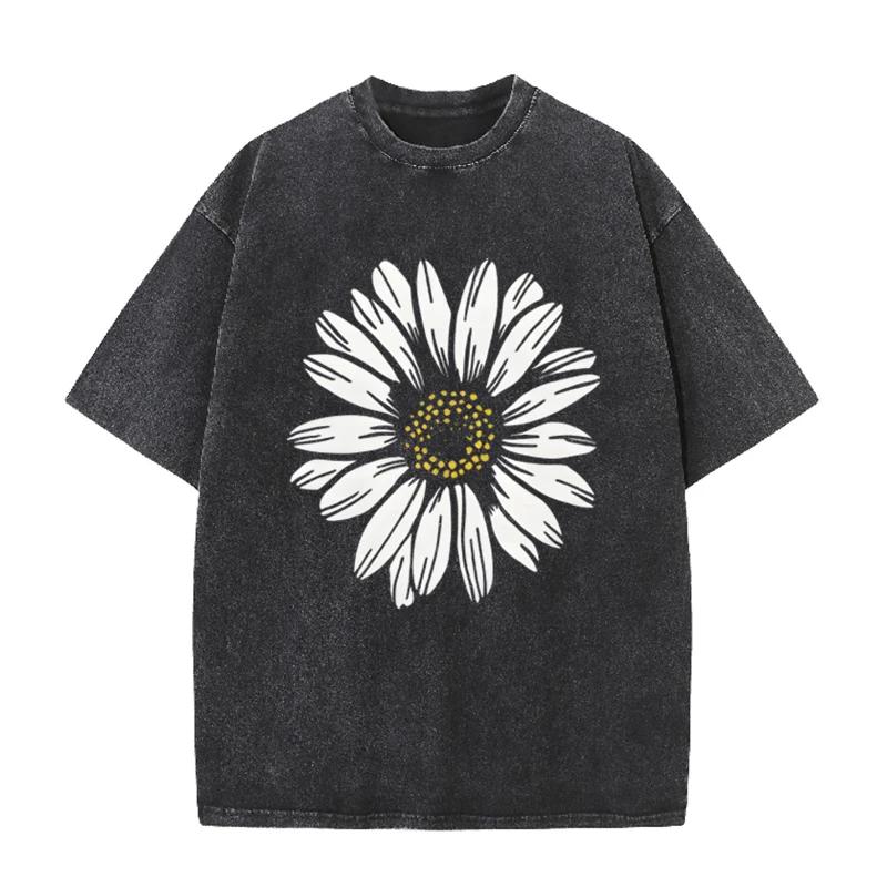 Daisy Flower Print Vintage Washed BlackT Shirt Casual Minimalist Streetwear Tee S разноцветный