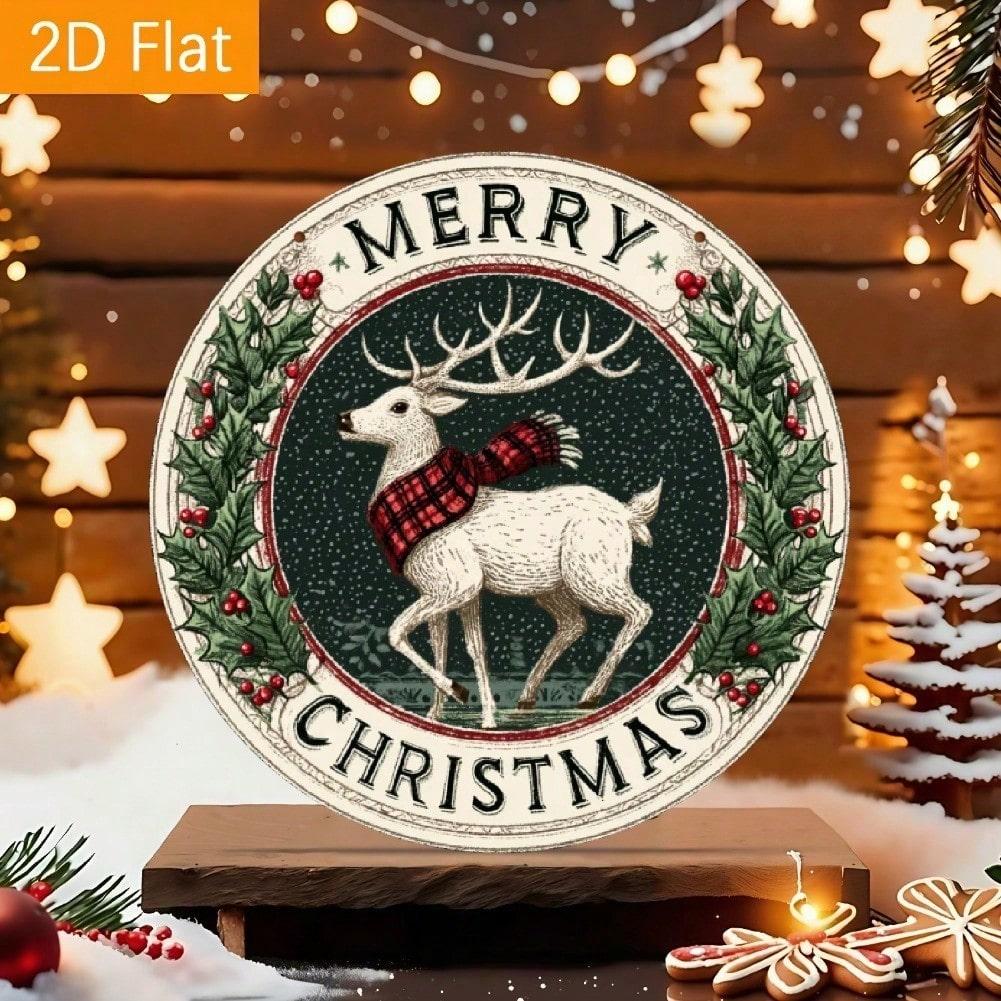 2D Flat Metal Christmas Wall Sign, 8x8 Inch Round Deer & Wreath Design, Dark Green & Gold Holiday Decor for Home, Cafe, Kitchen, Durable Tin