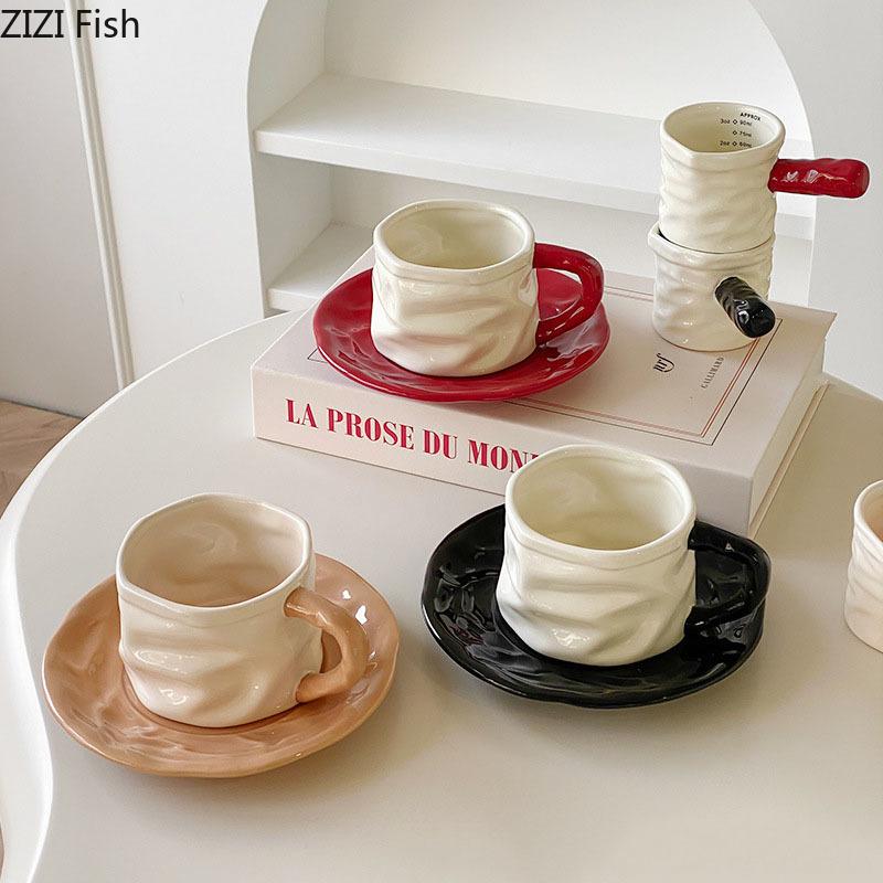 Creative Pleated Paper Ceramic Cup&saucer Dining Table Coffee Mug Milk Tea Mugs Afternoon Tea Teacup Fruit Juice Container