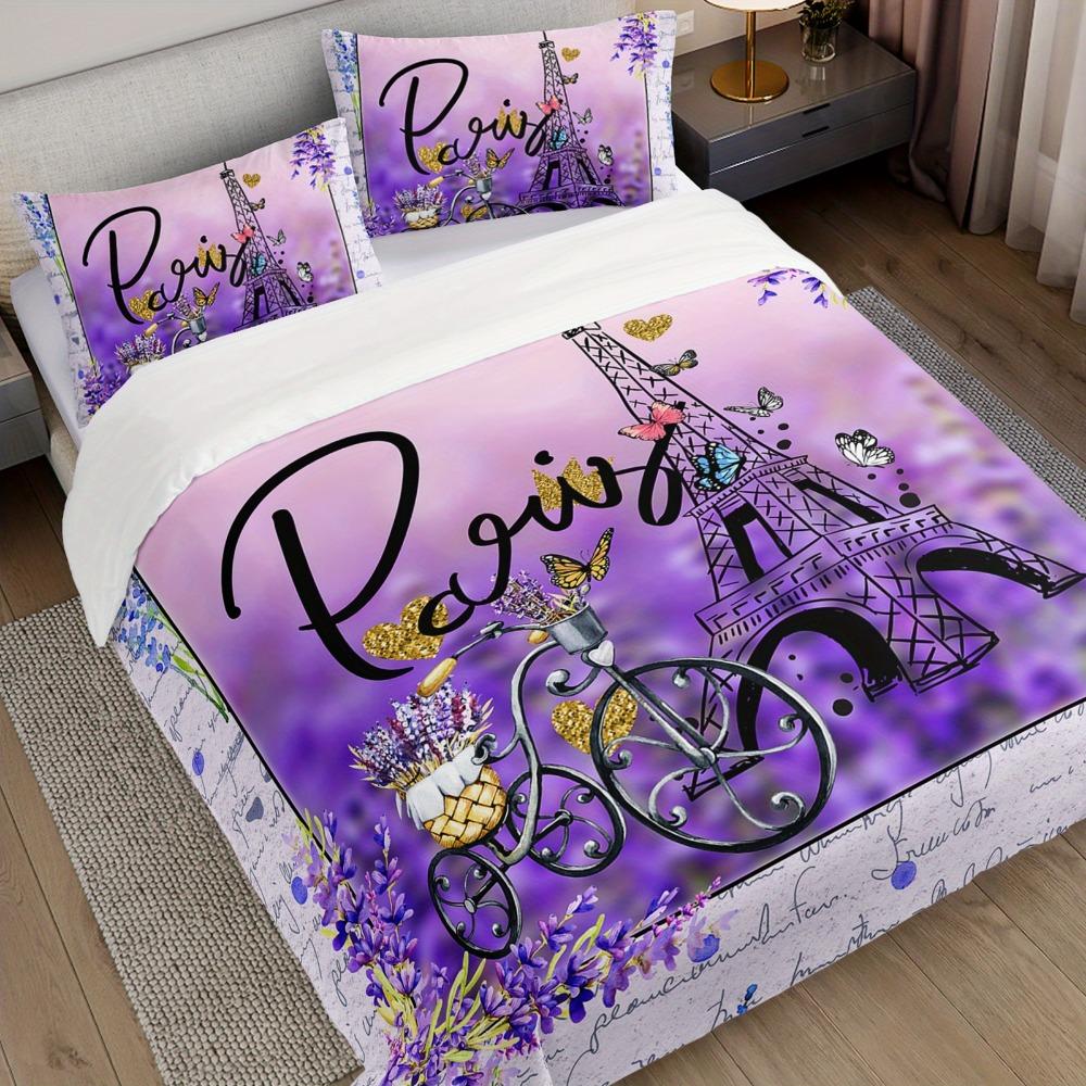 3pcs Purple Bedding Set Paris Eiffel Tower Printed Cozy Duvet Cover King Queen Twin Size Birthday Gift for Adult Bedroom Decor