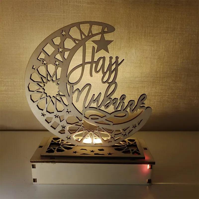 Ramadan Eid Wooden Moon Star Table Lamp Mubarak Decoration for Home Party Supplies Islamic Family Gathering Desktop Ornament