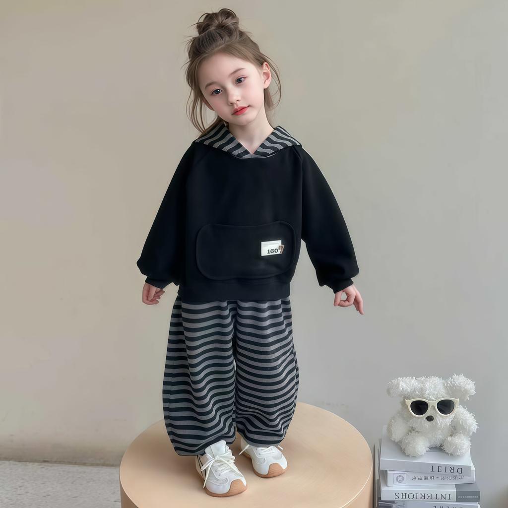 Girl Hoodie 2-Piece Set Spring Autumn Stripe Tops Pullover Pants Sportswear Child Kawaii Fashion Style Casual Clothing 3-12Y