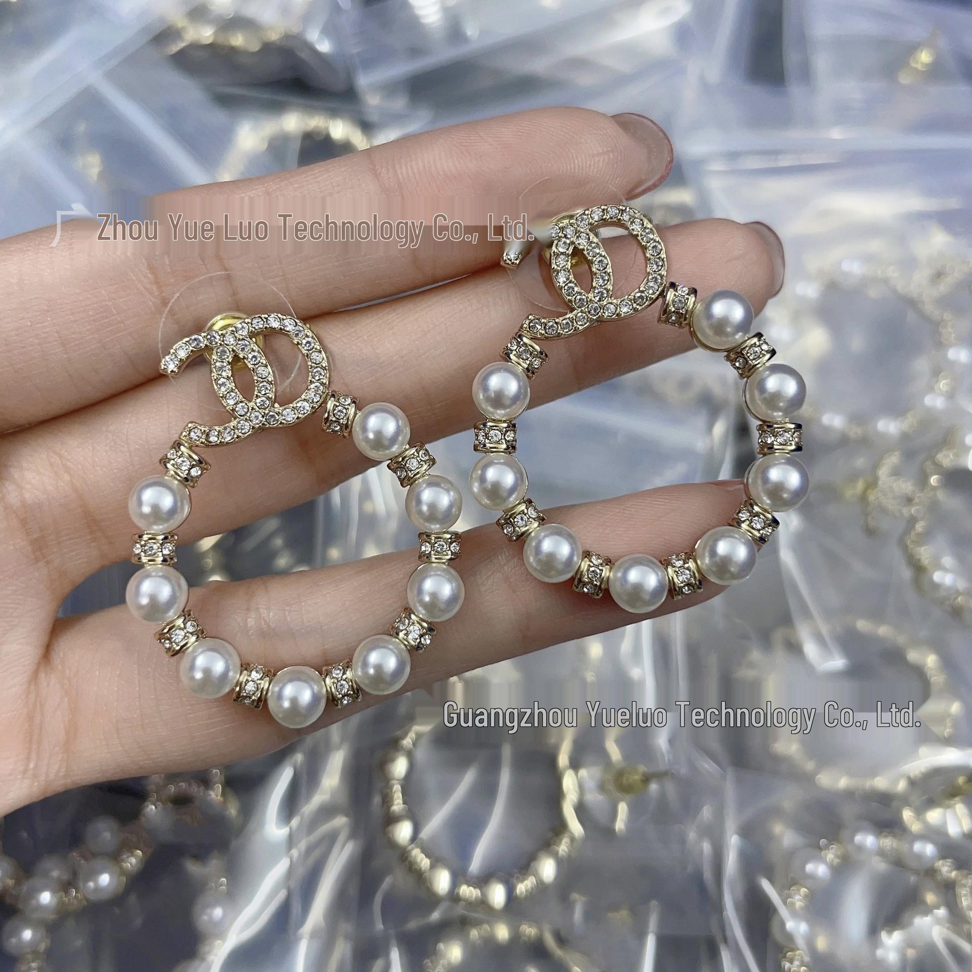 Elegant Double C Pearl  Diamond-Encrusted Earrings for Women