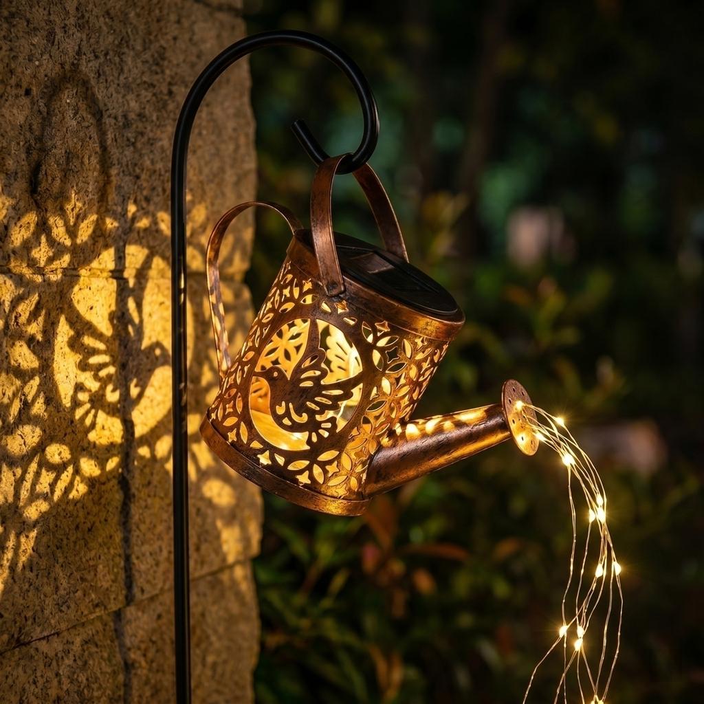 Outdoor Garden Watering Can Lantern with Metal Stake Set Decorative Lawn Yard Atmosphere Light for Patio Pathway Lighting
