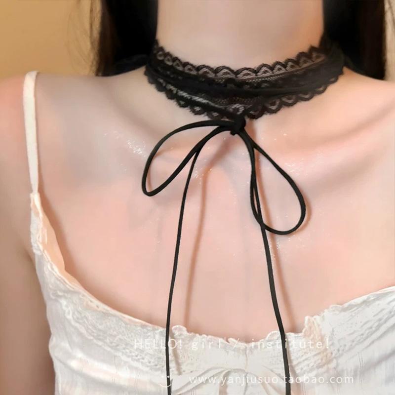 Neue Mode Unifarbene Spitze Blume Band Choker Halsband Schwarz Weiß Halskette Vintage Y2K Choker Kette Halsketten Party Schmuck