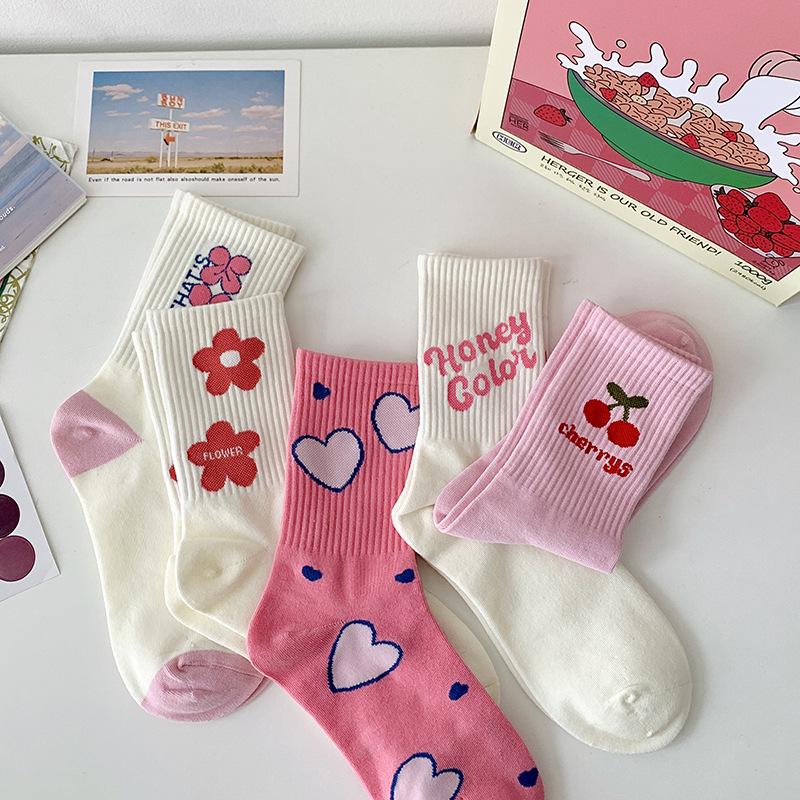 Women's Mid-Calf Socks: Japanese-Inspired Pink Floral with Lettering, Cute and Versatile for Spring & Autumn.