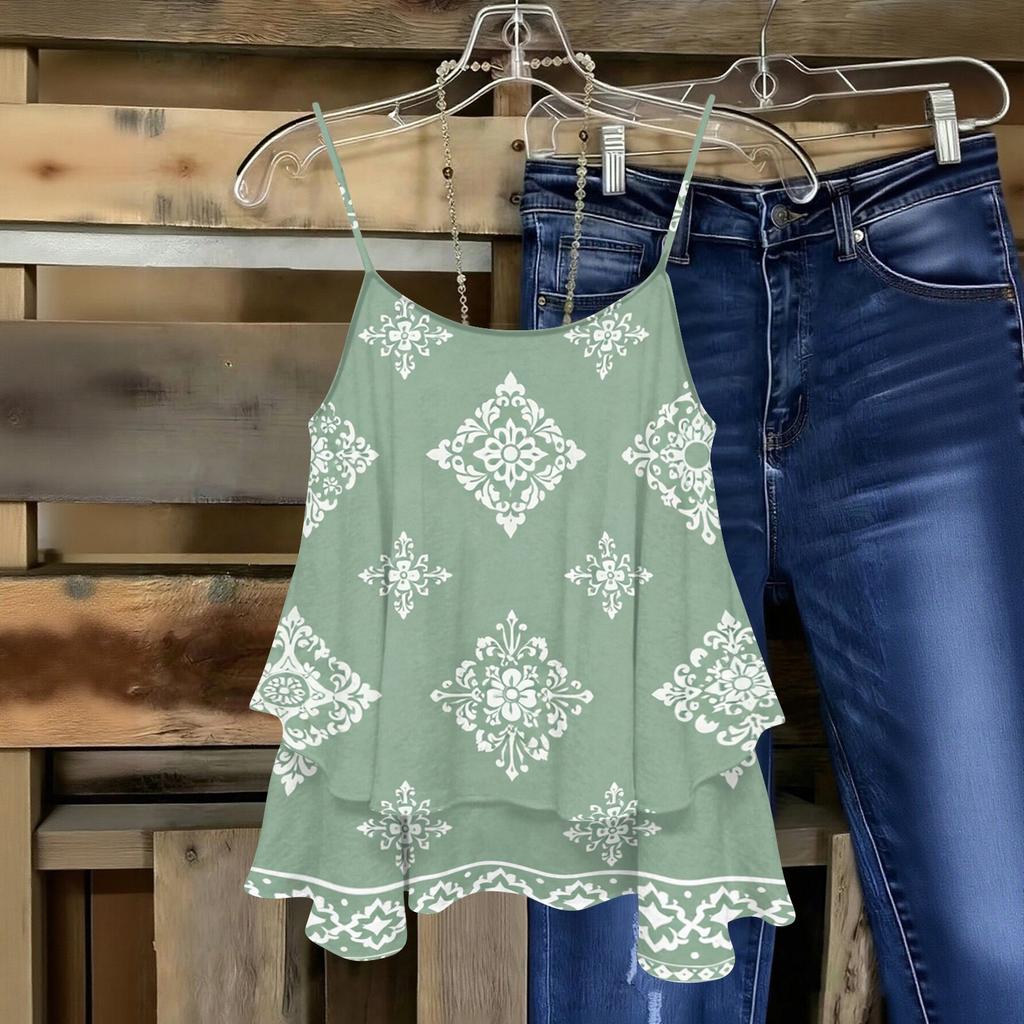 Women Sleeveless Double Layer Camisole Top Geometric Print Spaghetti Strap Summer Blouse Casual Lightweight Tank