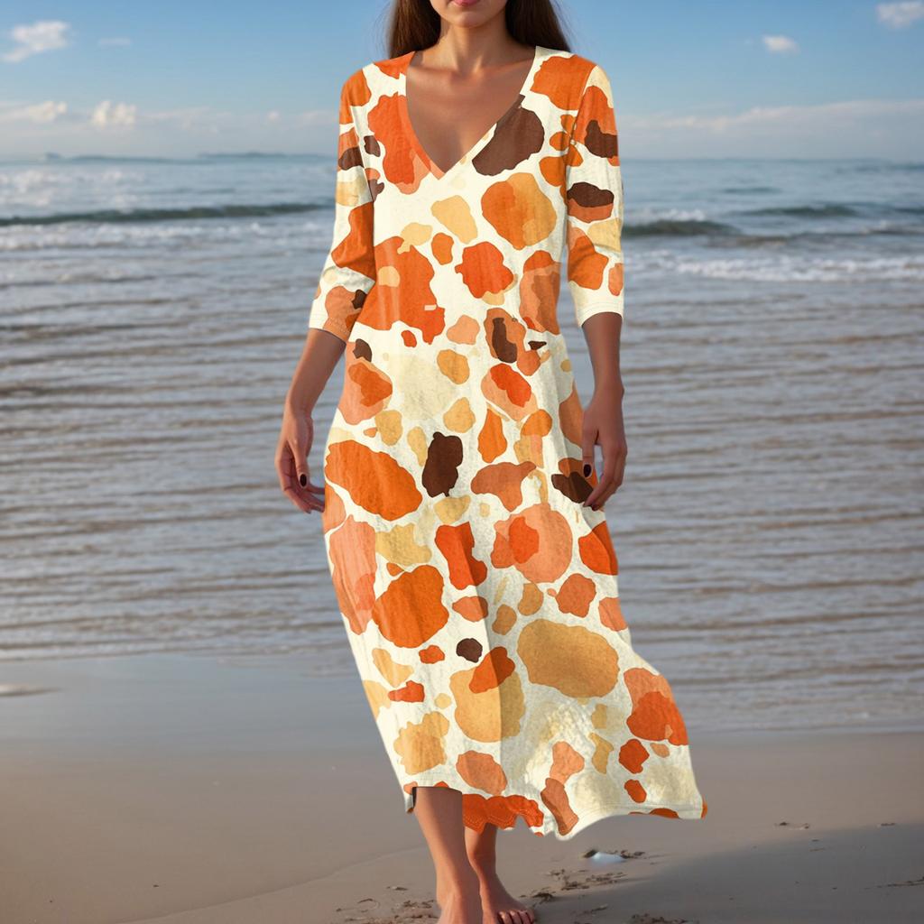 Women's Vintage Print Tunic Waisted Midi Dress Summer Casual 3/4 Sleeve Dress Dress