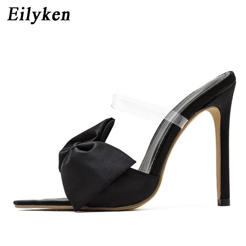 Fashion Eilyken Silk Butterfly-knot Slippers Women Sandals Pointed toe High Heels Mule Slides Party Shoes Zapatillas De Mujer