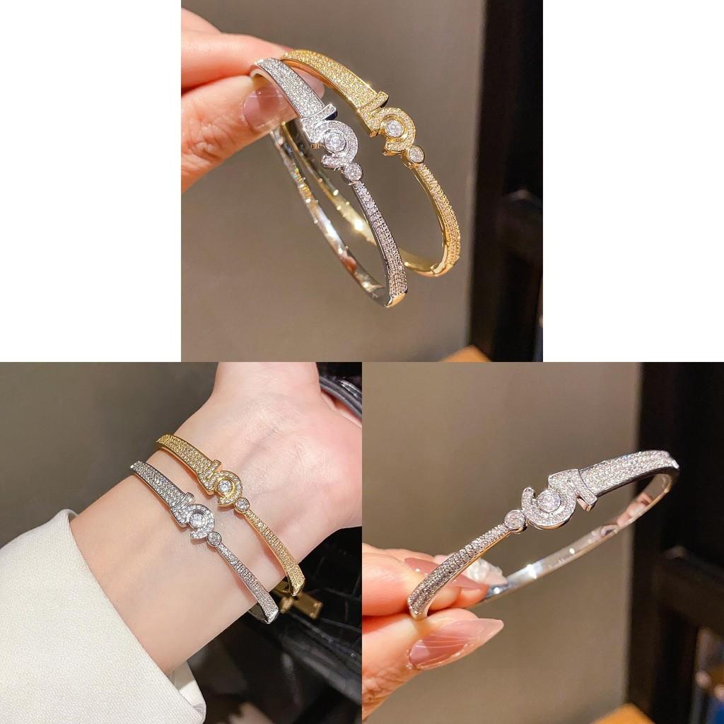 18k Gold Plated Zircon Round Open Cuff Bracelet For Elegant Women