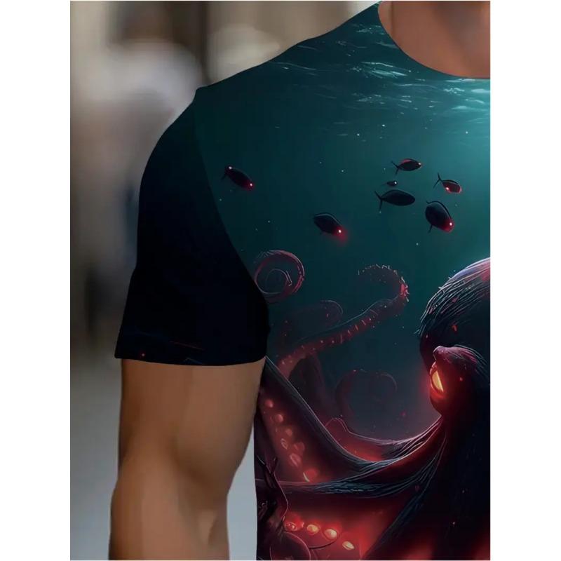 Men's 3D Printed Tropical Octopus Pattern T-shirt Trendy Printed Short-sleeved Breathable Polyester Round Neck Casual Style