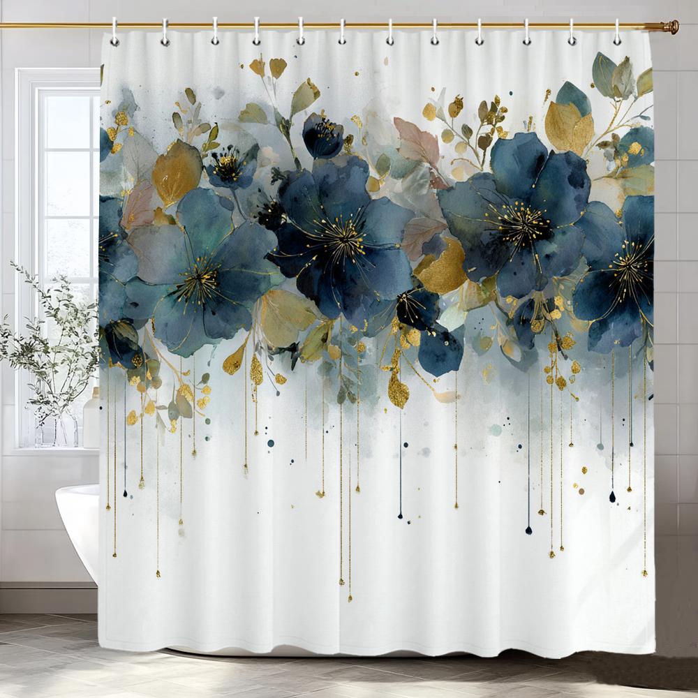 Watercolor Flowers And Plants Patterns Shower Curtain, Bathroom Decorative Shower Curtain, Waterproof Shower Curtain With Hooks